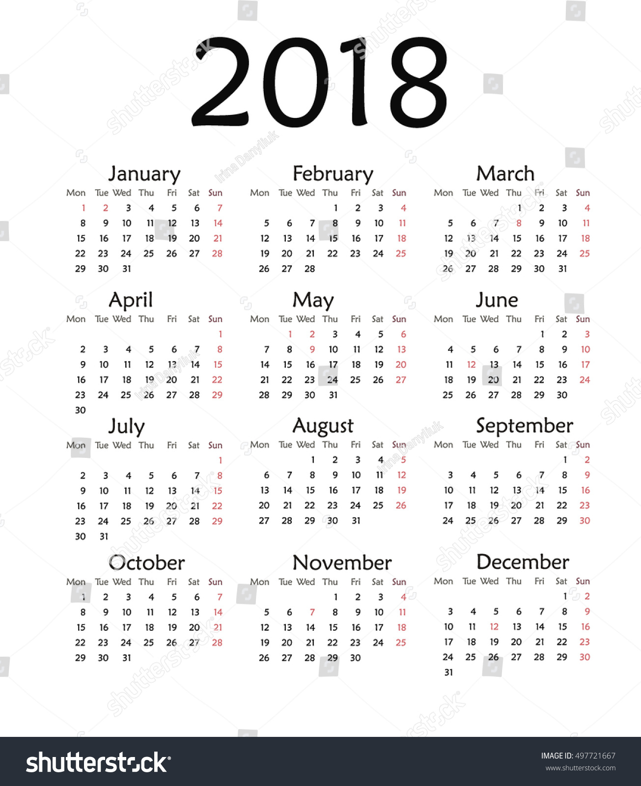 Simple Calendar 2018 Vector Template Design Stock Vector