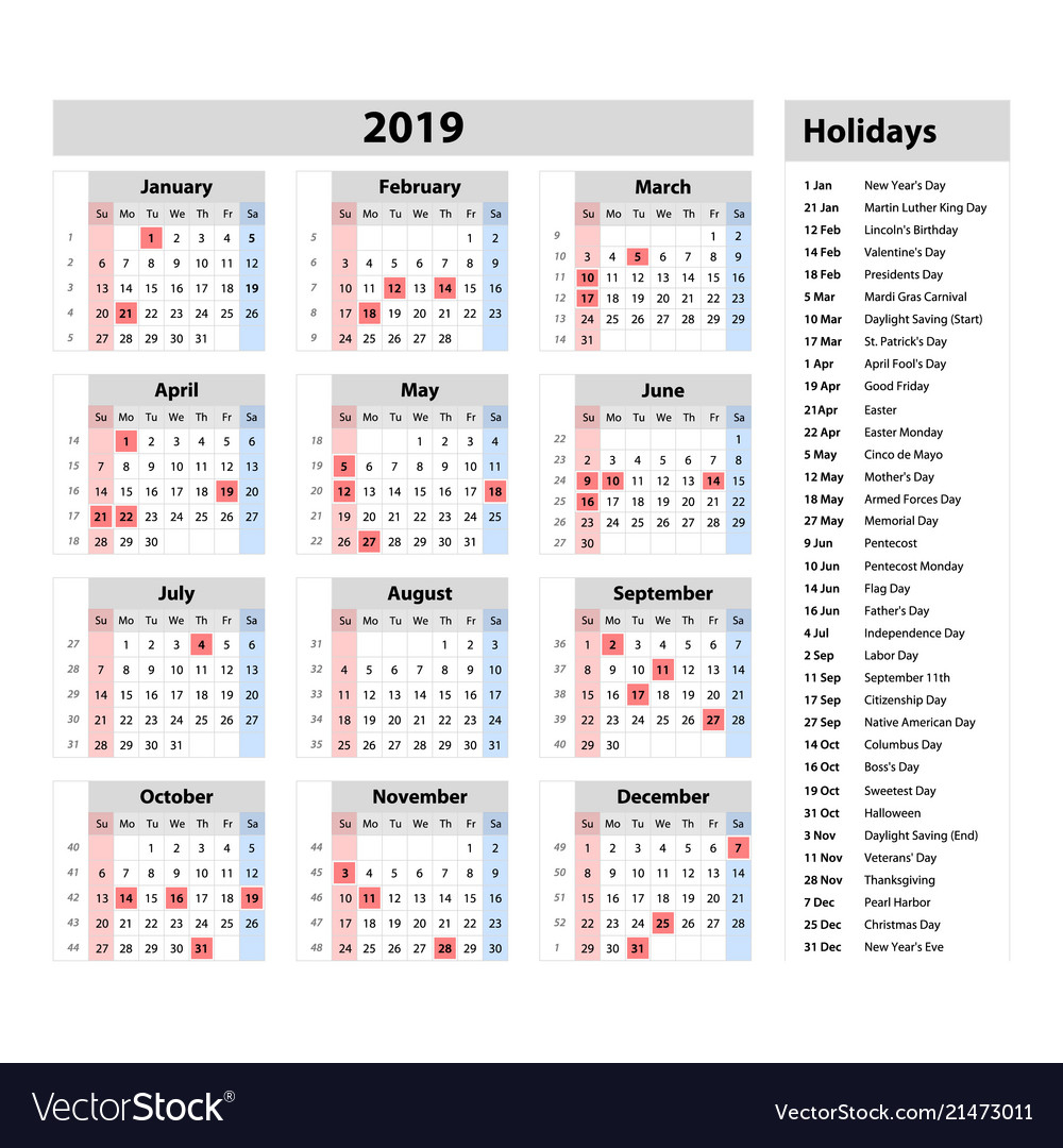 Simple Calendar 2019 - One Year At A Glance
