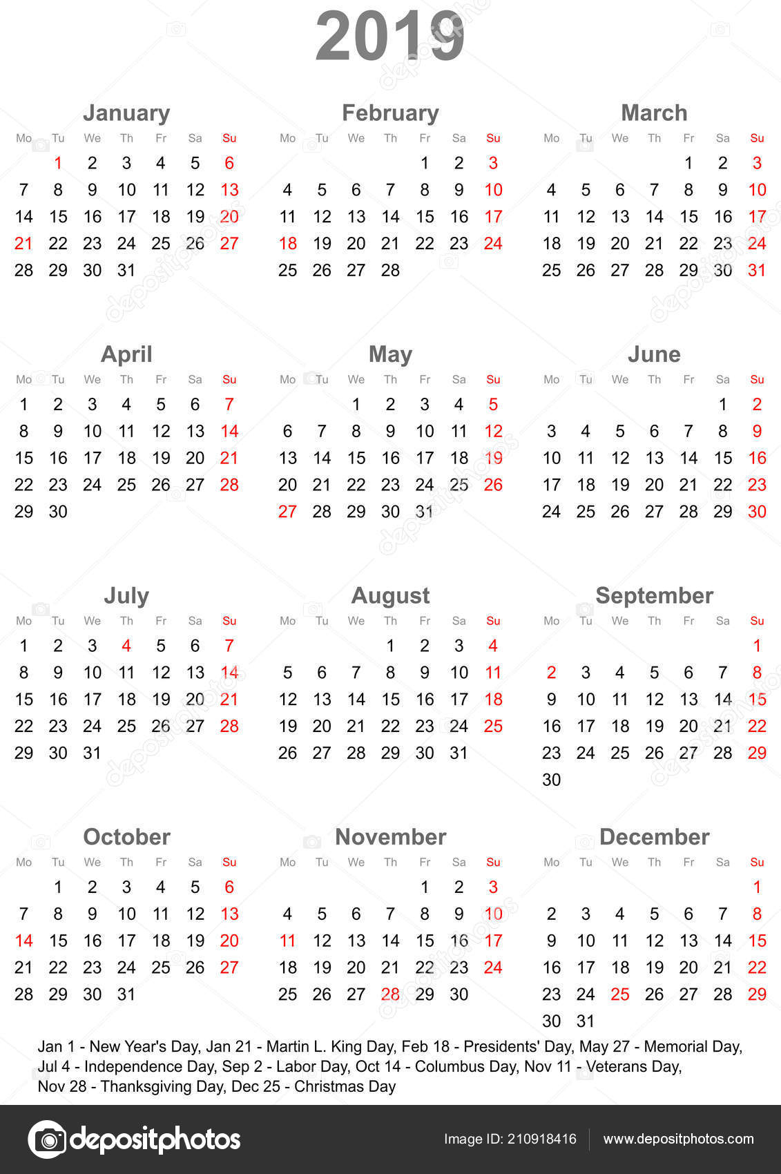 Simple Calendar 2019 One Year Glance Starts Monday Public