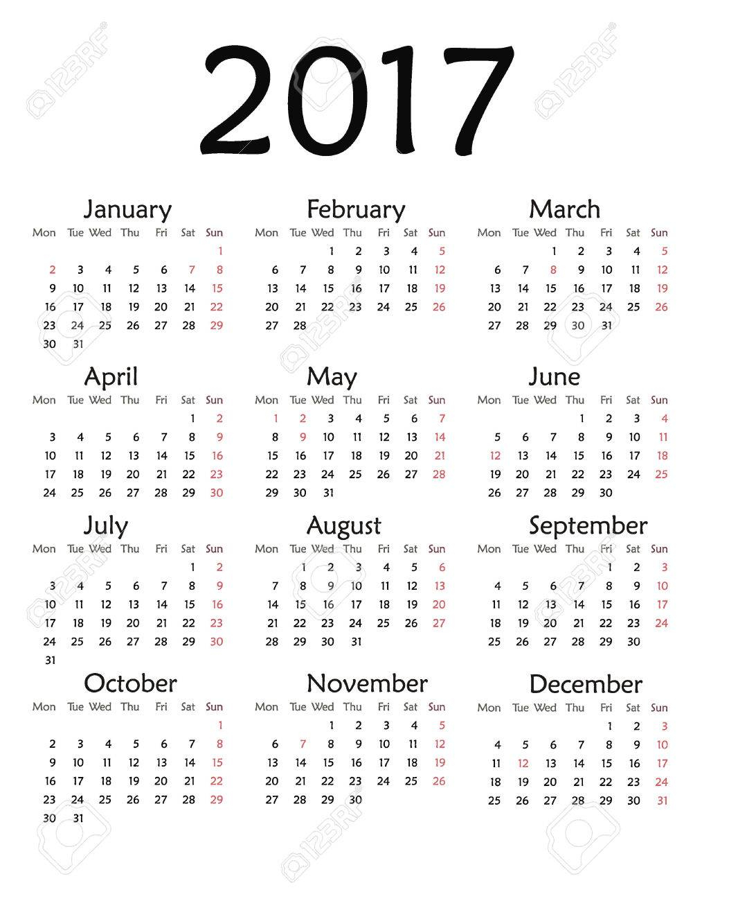 Simple Calendar For 2017. Vector Template Design Monthly Date Illustration  2017 Calendar Week Organizer Simple Number. Organizer Date 2017 Year