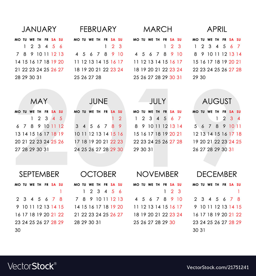 Simple Calendar For 2019 Year Week Starts Monday