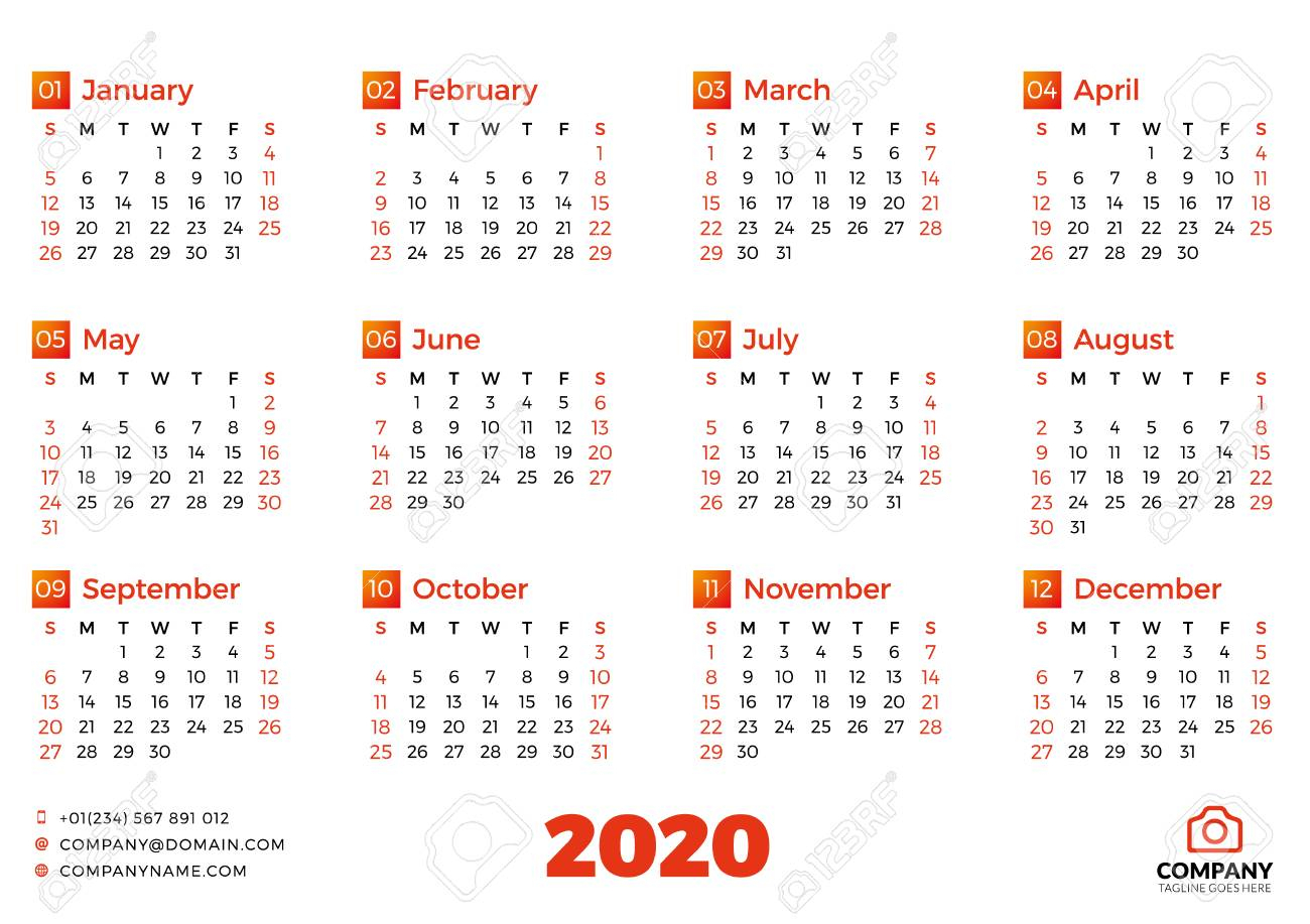 Simple Calendar Template For 2020 Year. Week Starts On Sunday