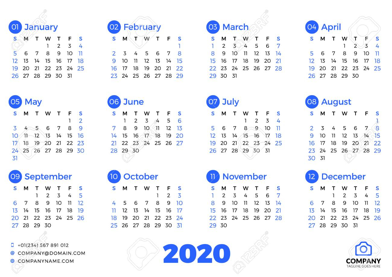 Simple Calendar Template For 2020 Year. Week Starts On Sunday