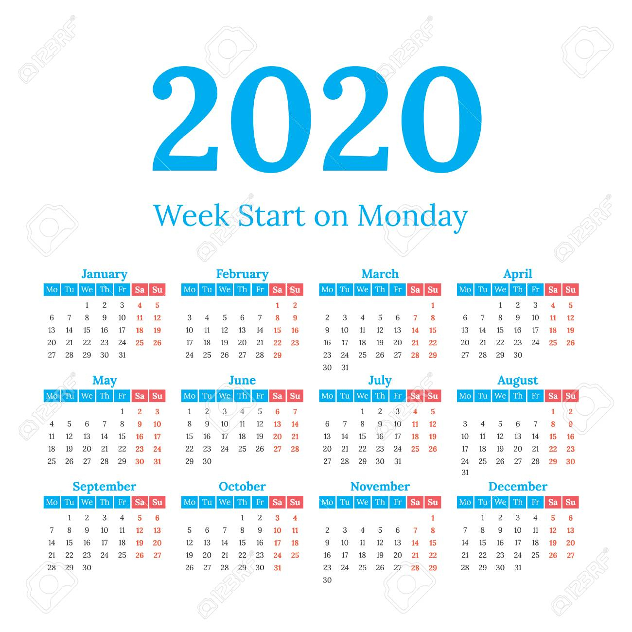Simple Classic Style 2020 Year Calendar, Week Starts On Monday