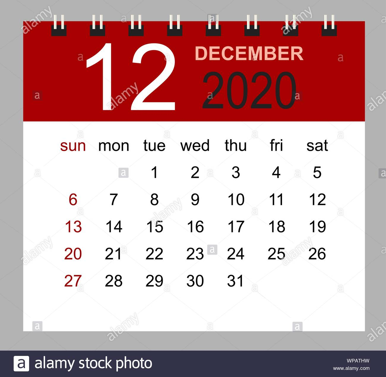 Simple Desk Calendar For December 2020. Week Starts Sunday