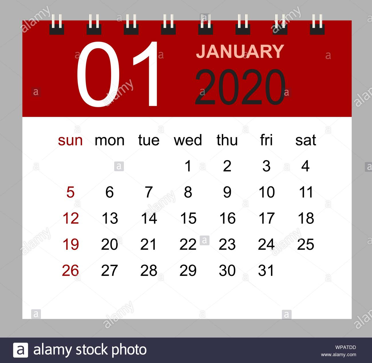 Simple Desk Calendar For January 2020. Week Starts Sunday