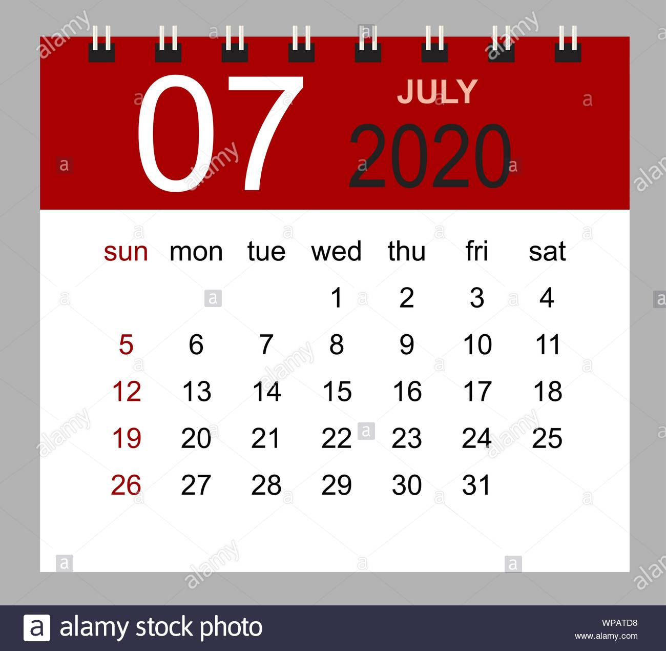 Simple Desk Calendar For July 2020. Week Starts Sunday