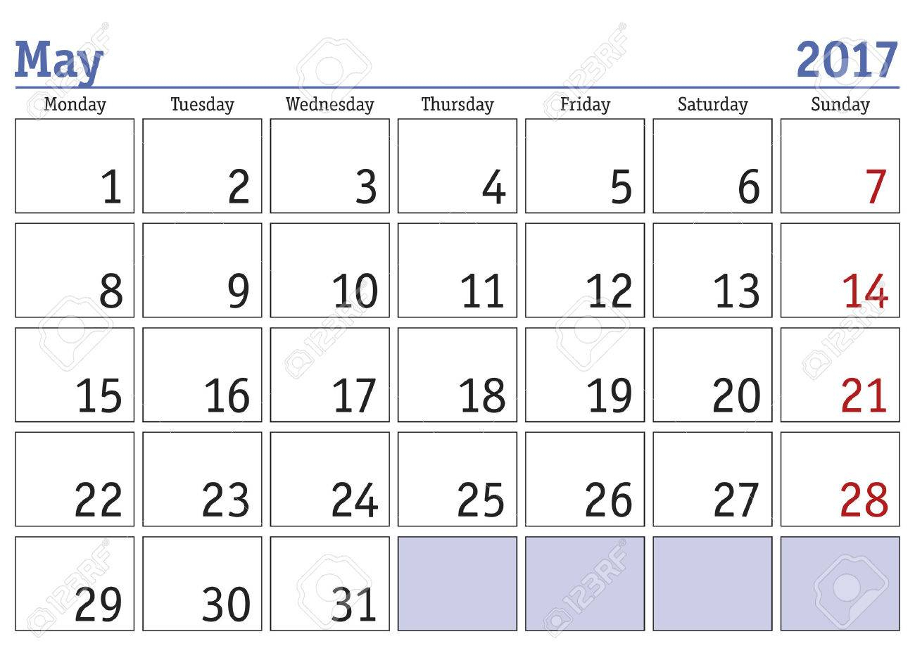 Simple Digital Calendar For May 2017. Vector Printable Calendar
