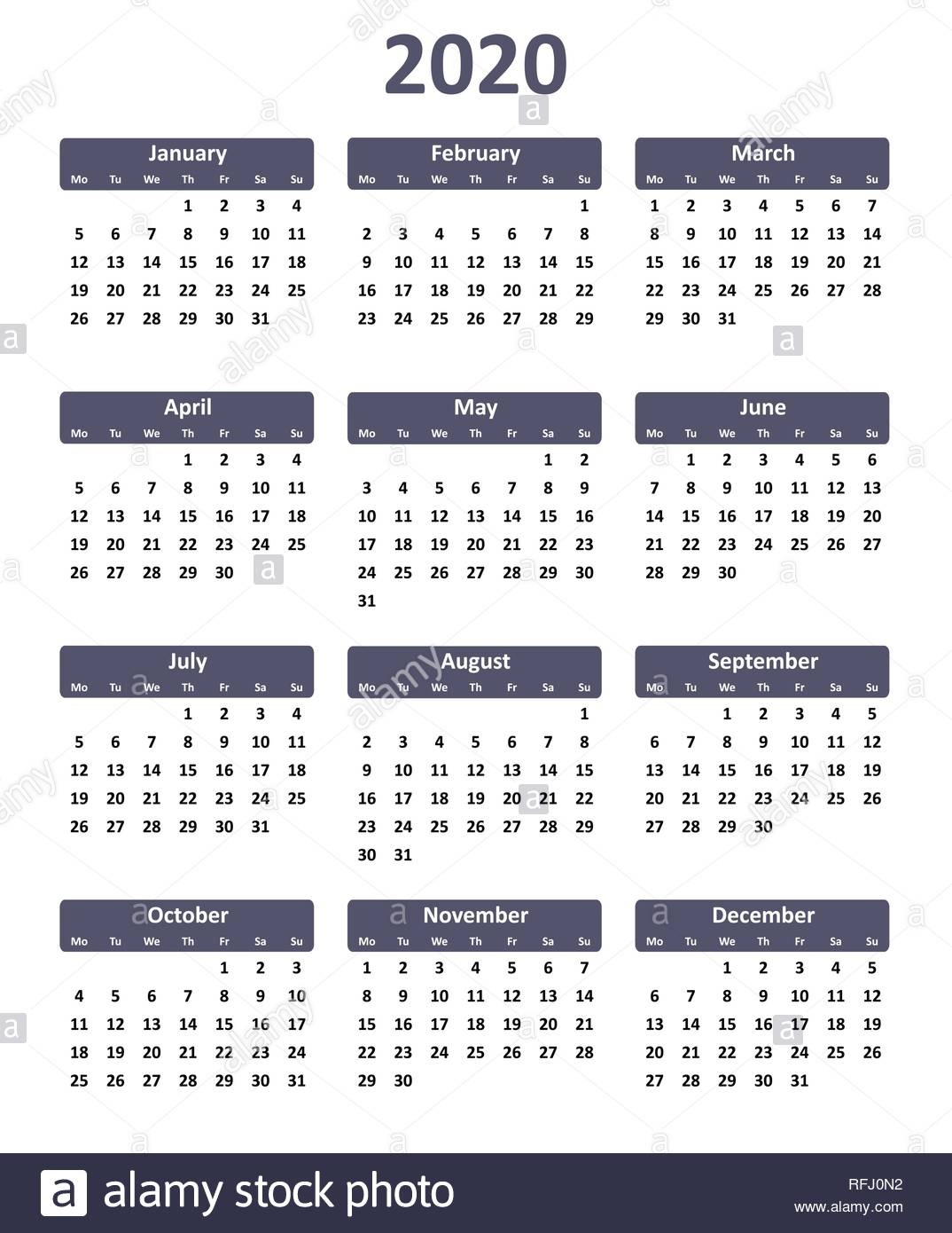 Simple Editable Vector Calendar For Year 2020 Stock Vector