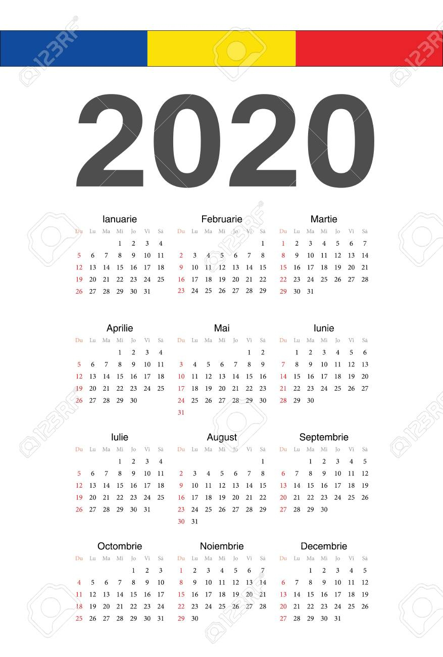 Simple Romanian 2020 Year Vector Calendar. Week Starts From Sunday.
