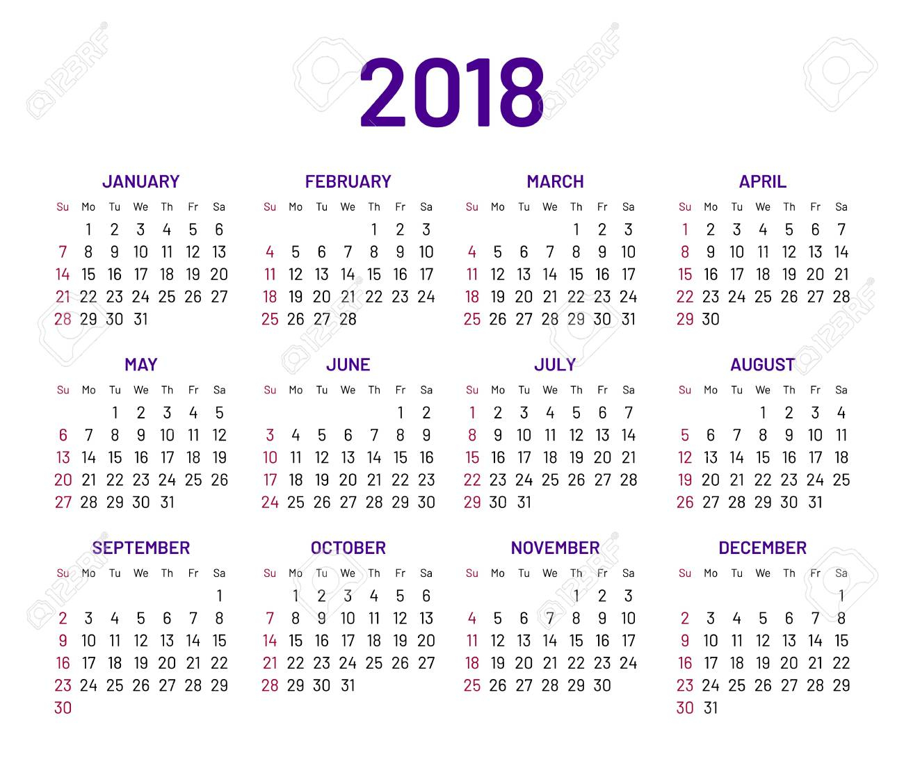 Simple Wall Calendar 2018 Year, Flat, Isolated