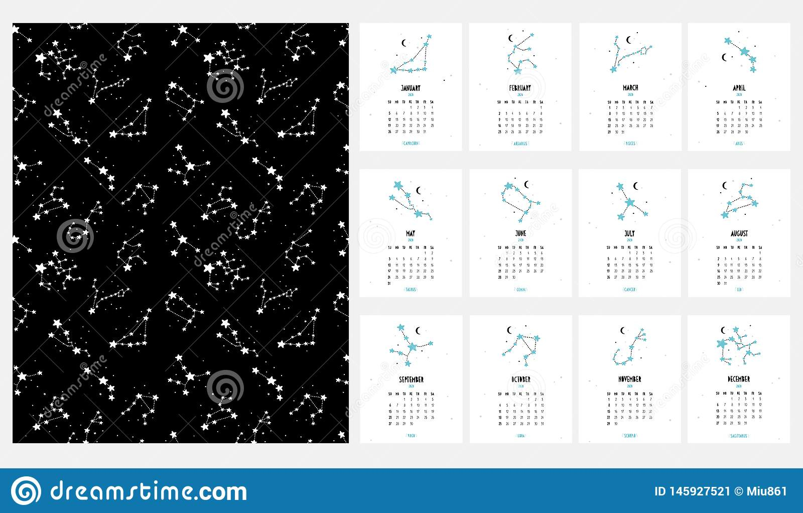 Simple Zodiac English Vector Calendar. 2020 Year.each Month