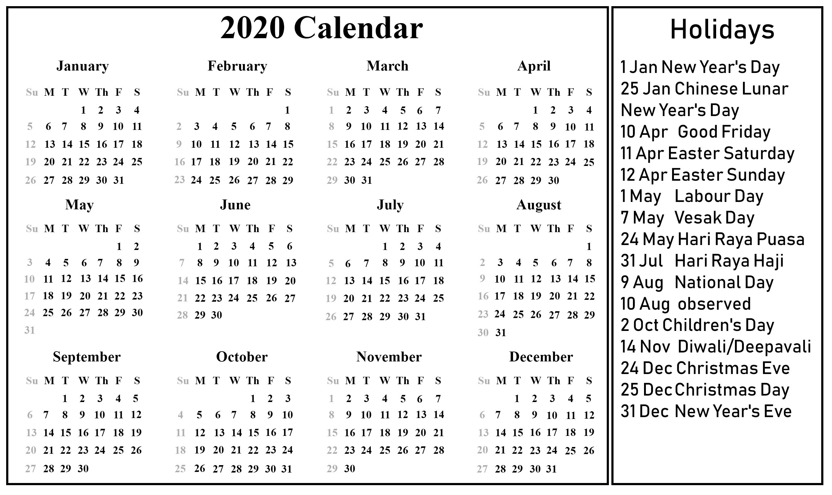 Singapore 2020 Printable Calendar | Printable Calendar