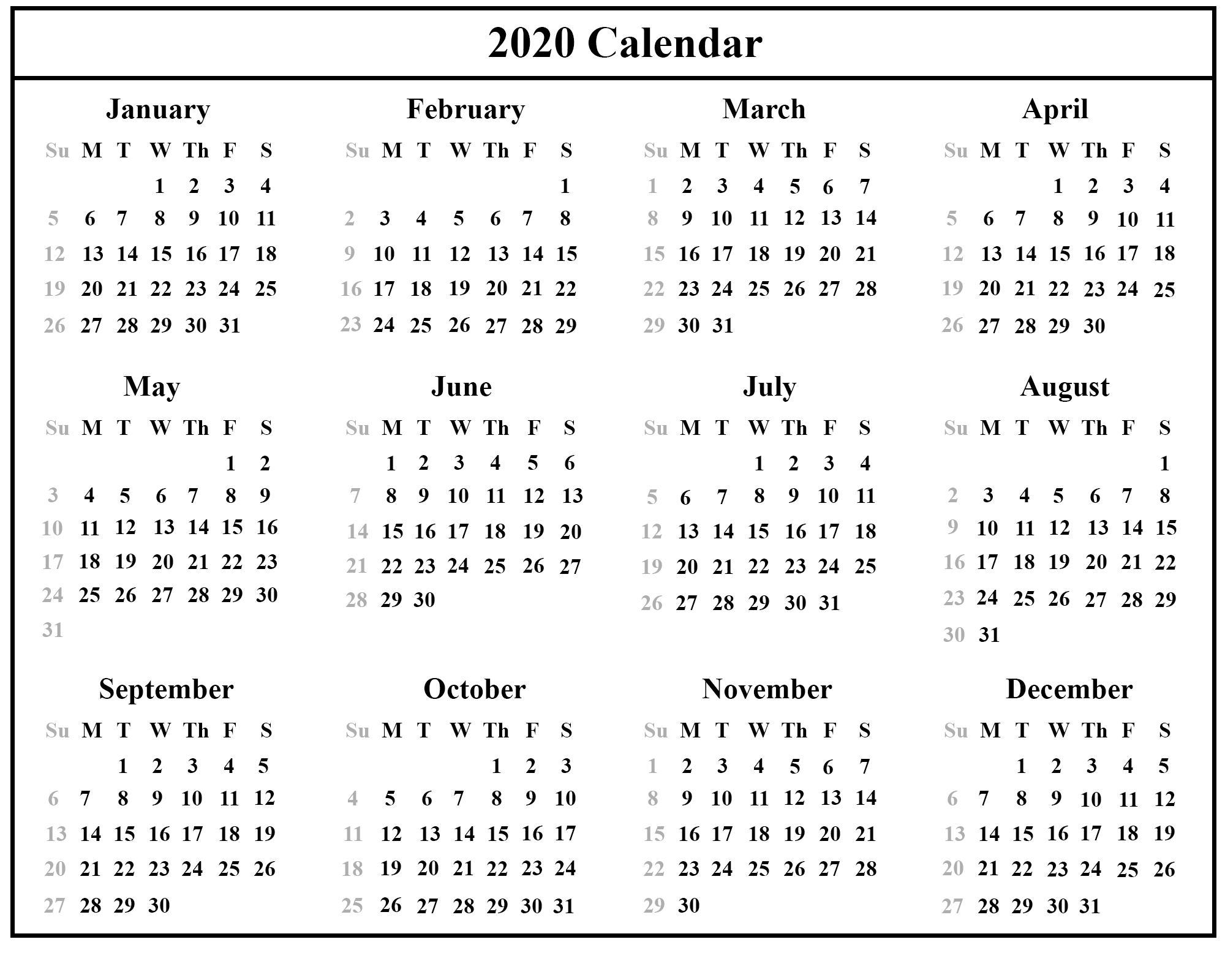 Small 2020 Calendar Printable - Wpa.wpart.co