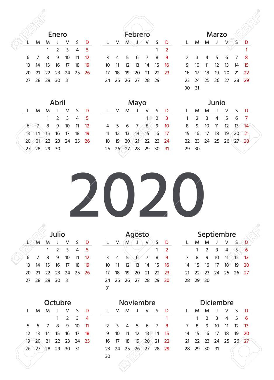 Spanish Calendar 2020 Year. Vector. Week Starts Monday. Spain..