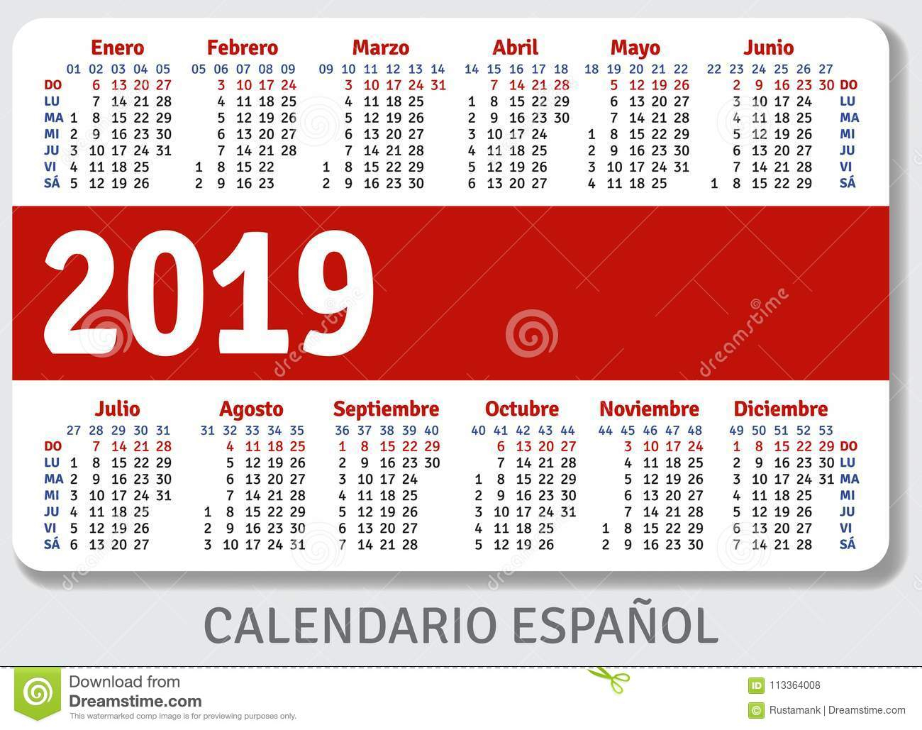 Spanish Pocket Calendar For 2019 Stock Vector - Illustration