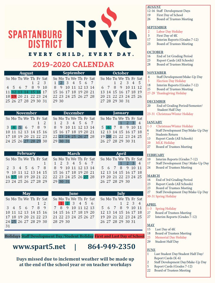 Spartanburg District 6 2020 Calendar Calendar Printables Free Templates