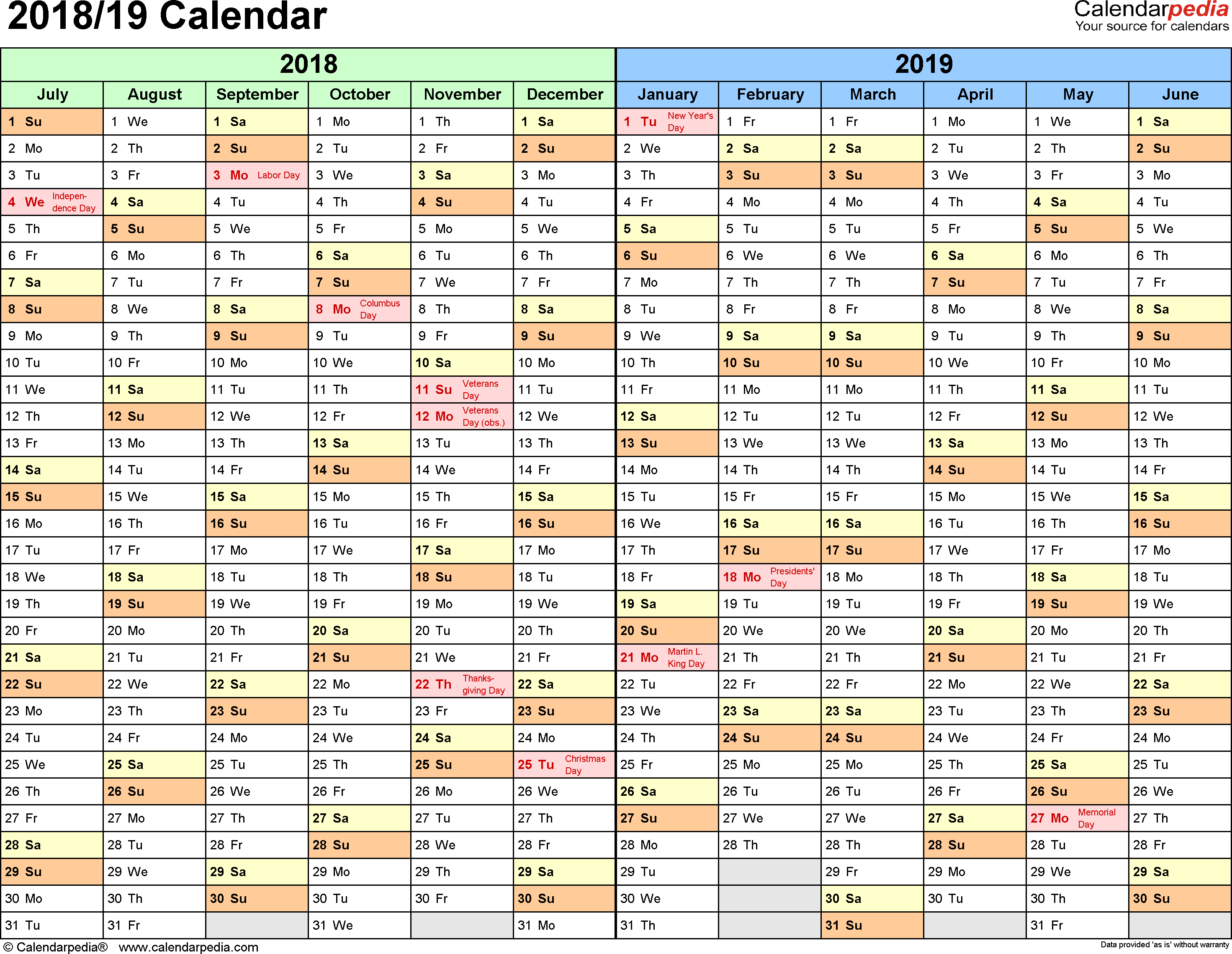 Split Year Calendars 2018/2019 (July To June) - Pdf Templates