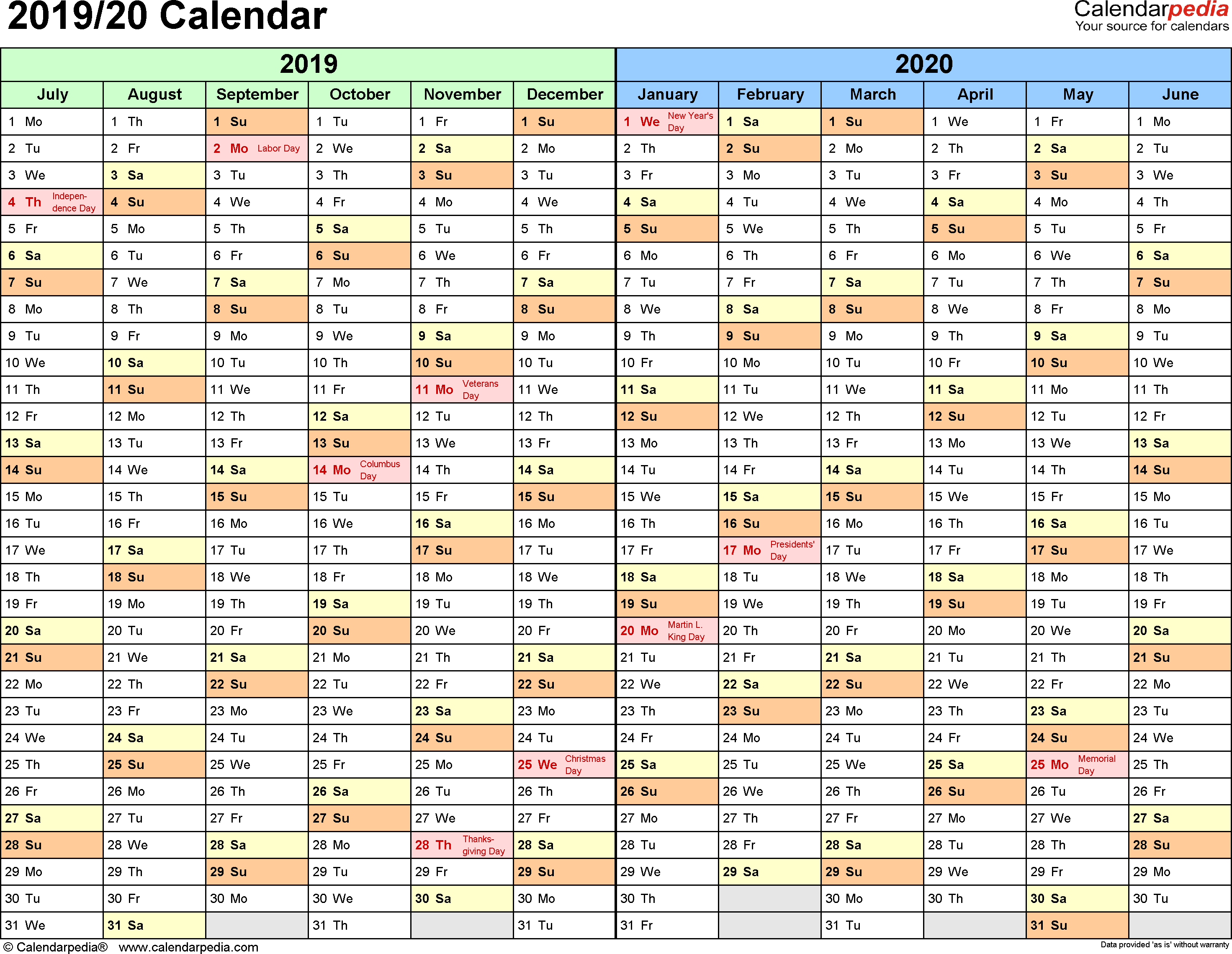 Split Year Calendars 2019/2020 (July To June) - Pdf Templates