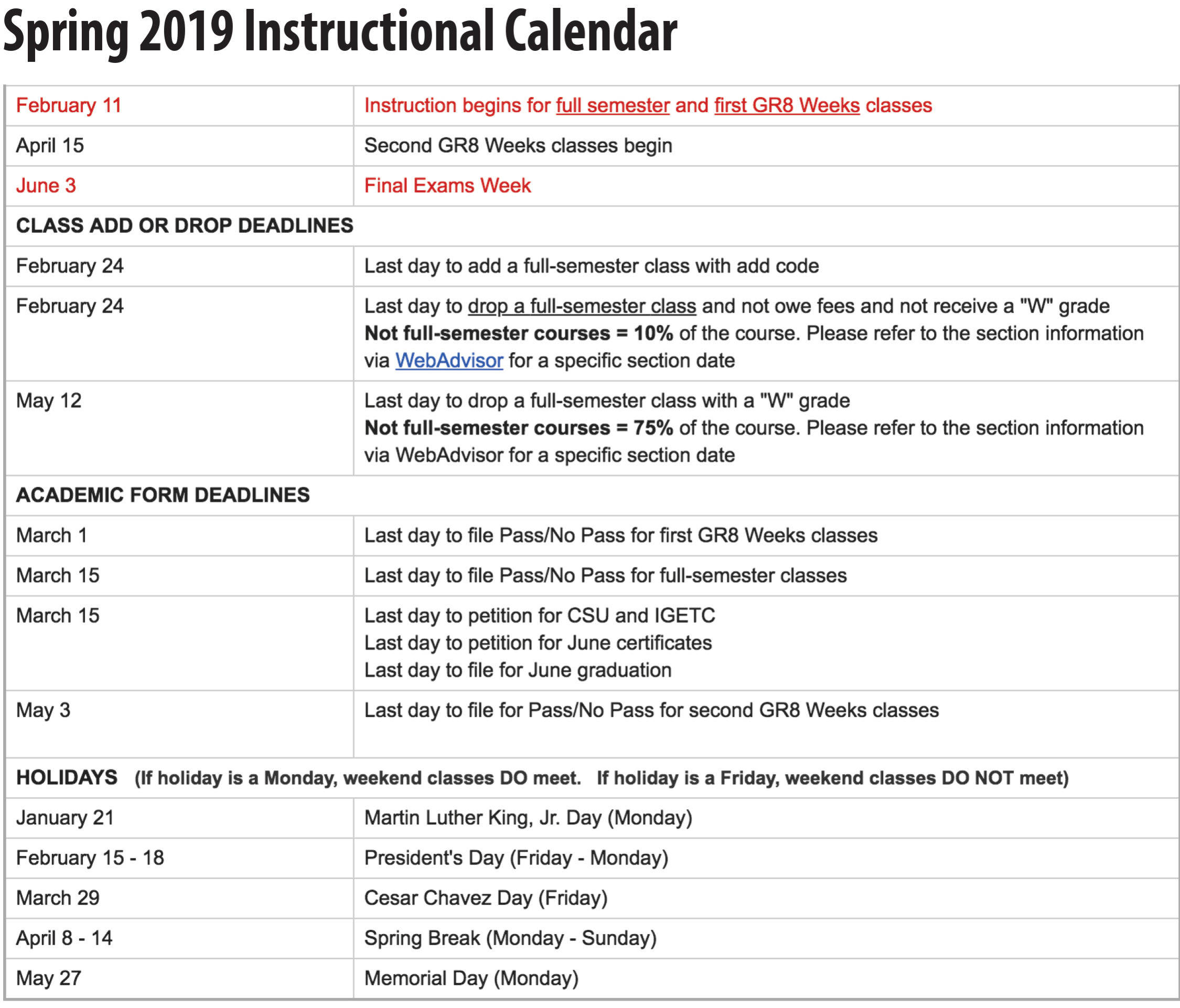 Spring 2019 Important Academic Calendar Dates - El Don News