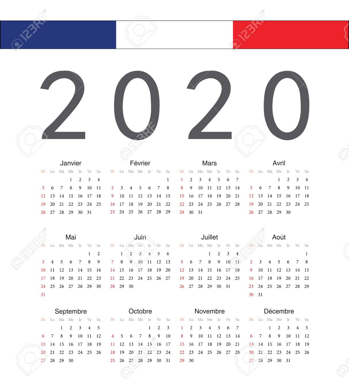 Square French 2020 Year Vector Calendar. Week Starts From Sunday.