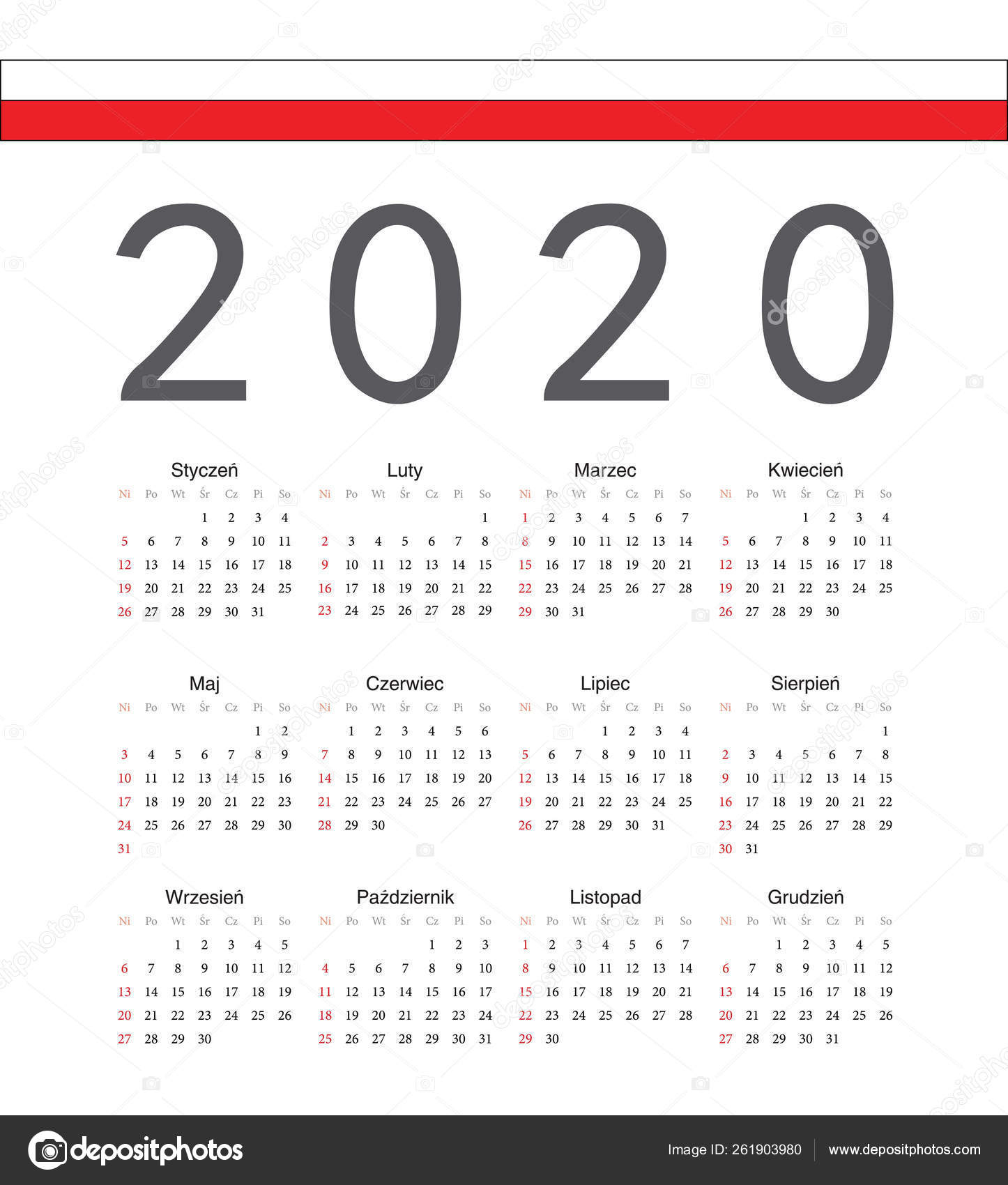 Square Polish 2020 Year Vector Calendar. — Векторное