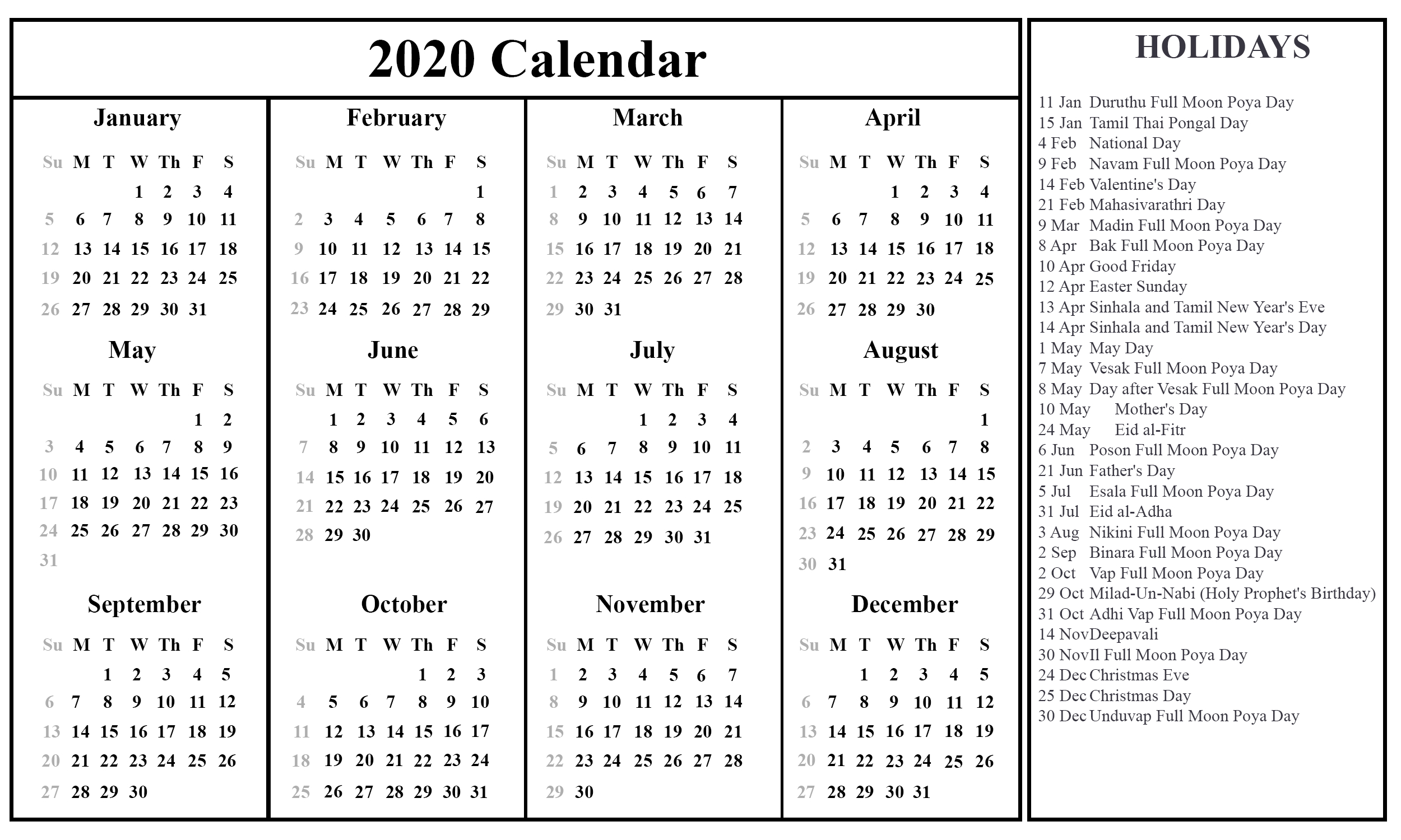Sri Lanka Calendar 2020 Printable | Printable July Calendar