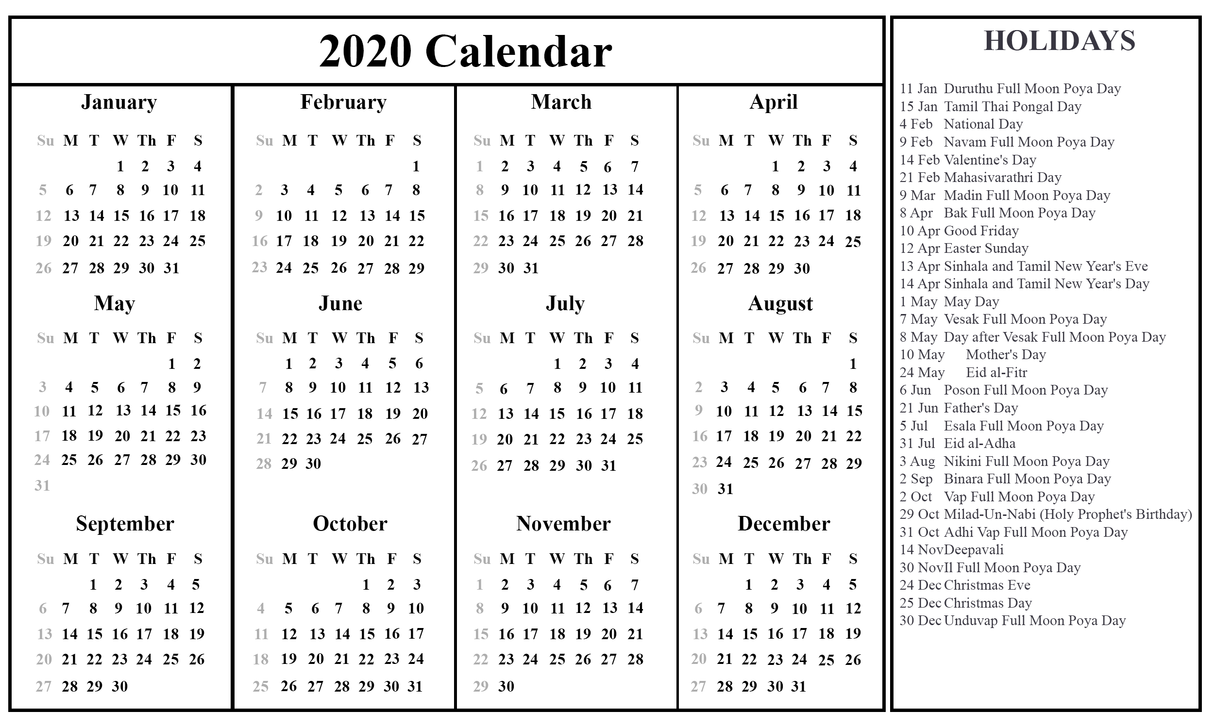 Calendar 2020 Excel Thailand Calendar Printables Free Templates