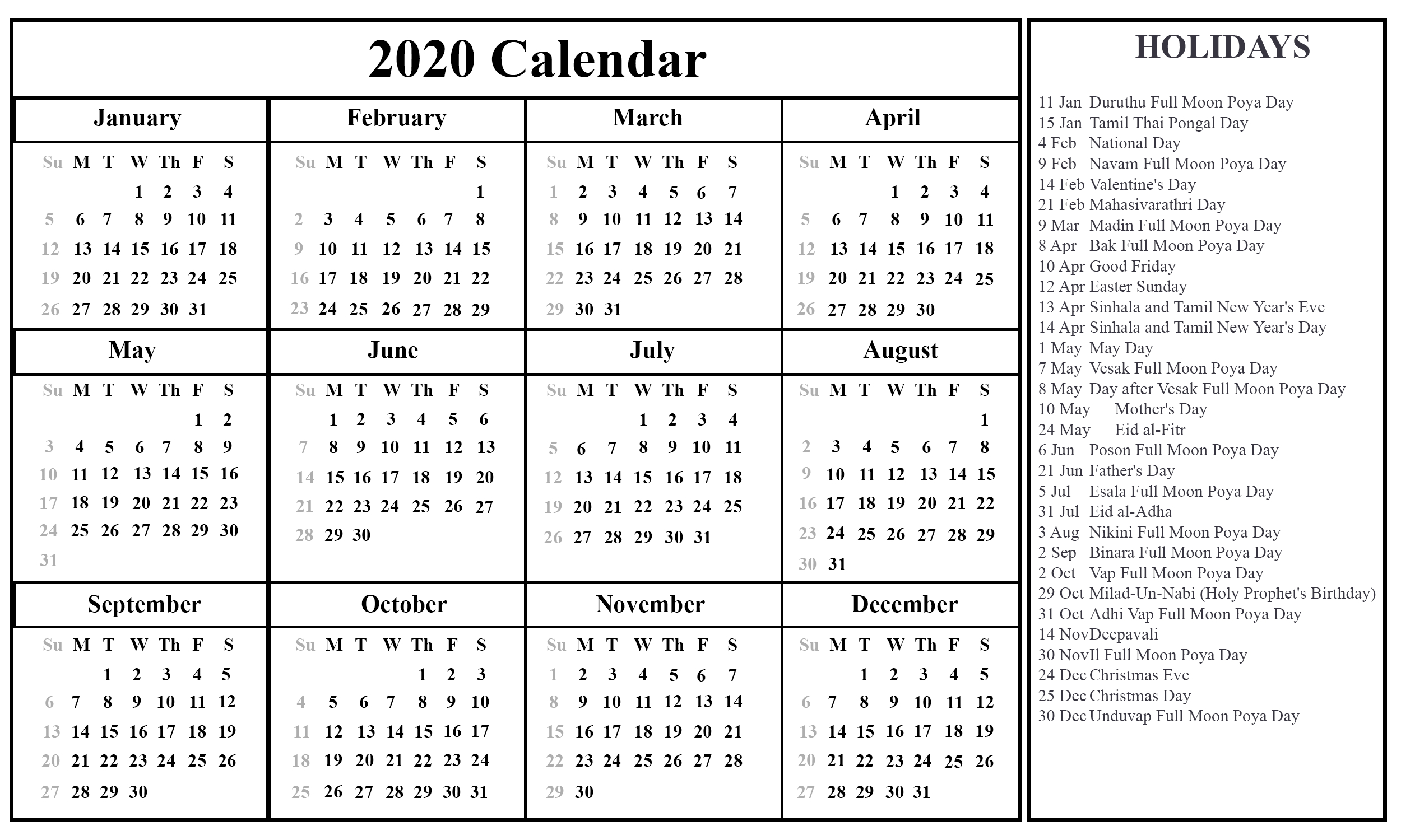 Sri Lanka Calendar 2020 Printable | Printable July Calendar