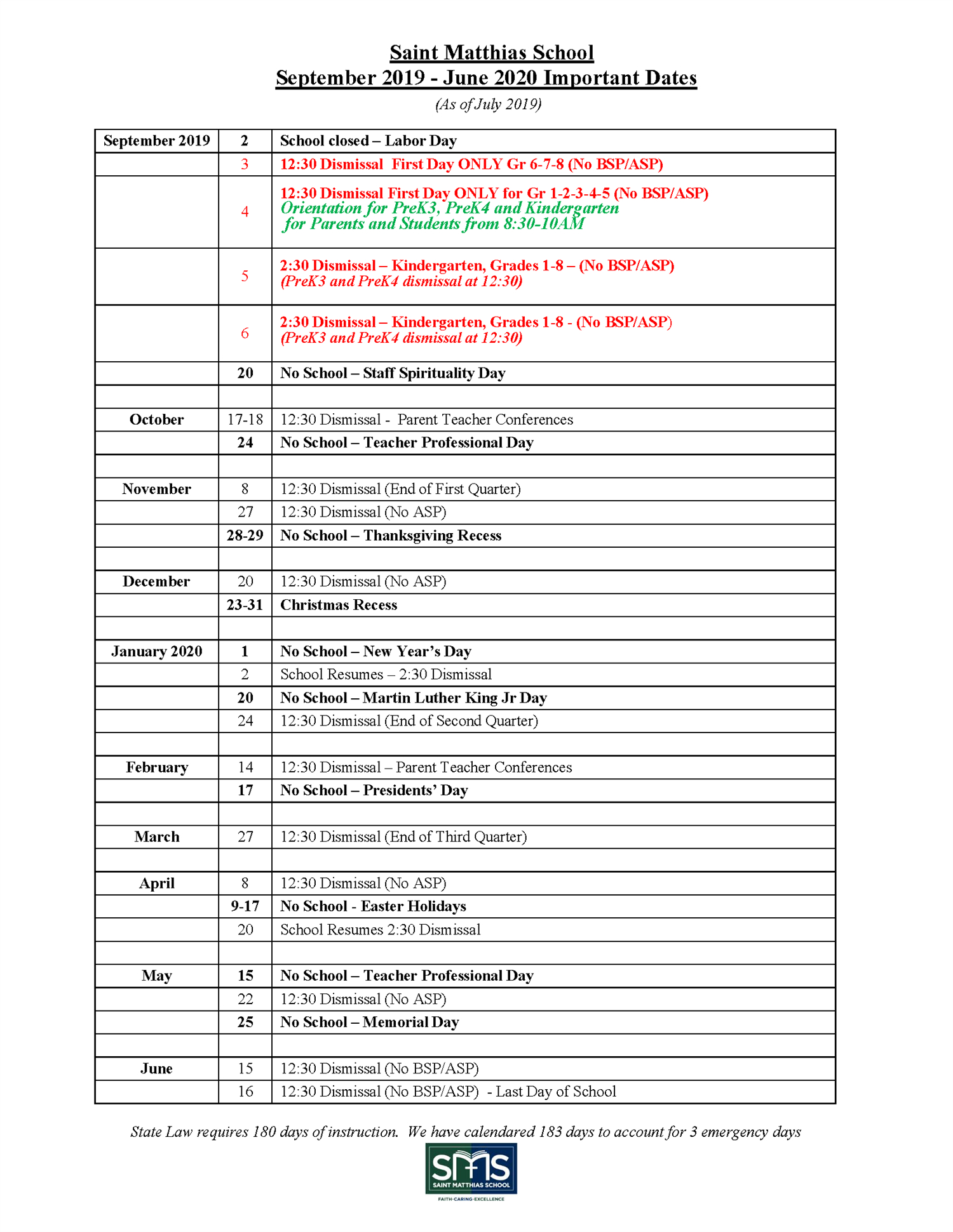 St. Matthias School Calendar - Important Dates For 2019-2020