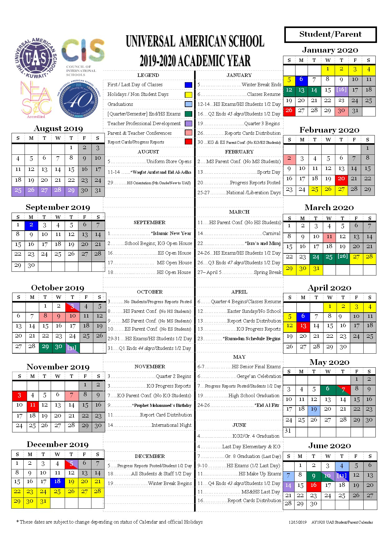 Students Calendar 2019-2020 - Universal American School