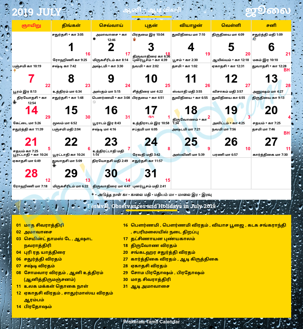 Tamil Calendar 2019, July