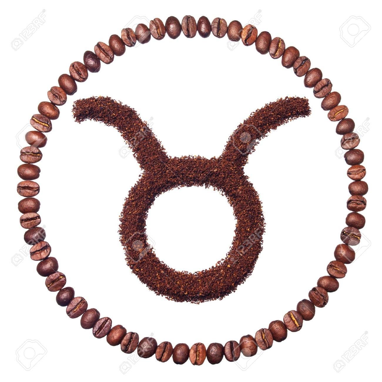 Taurus - Zodiac Signs Of Ground Coffee And Coffee Beans Isolated..