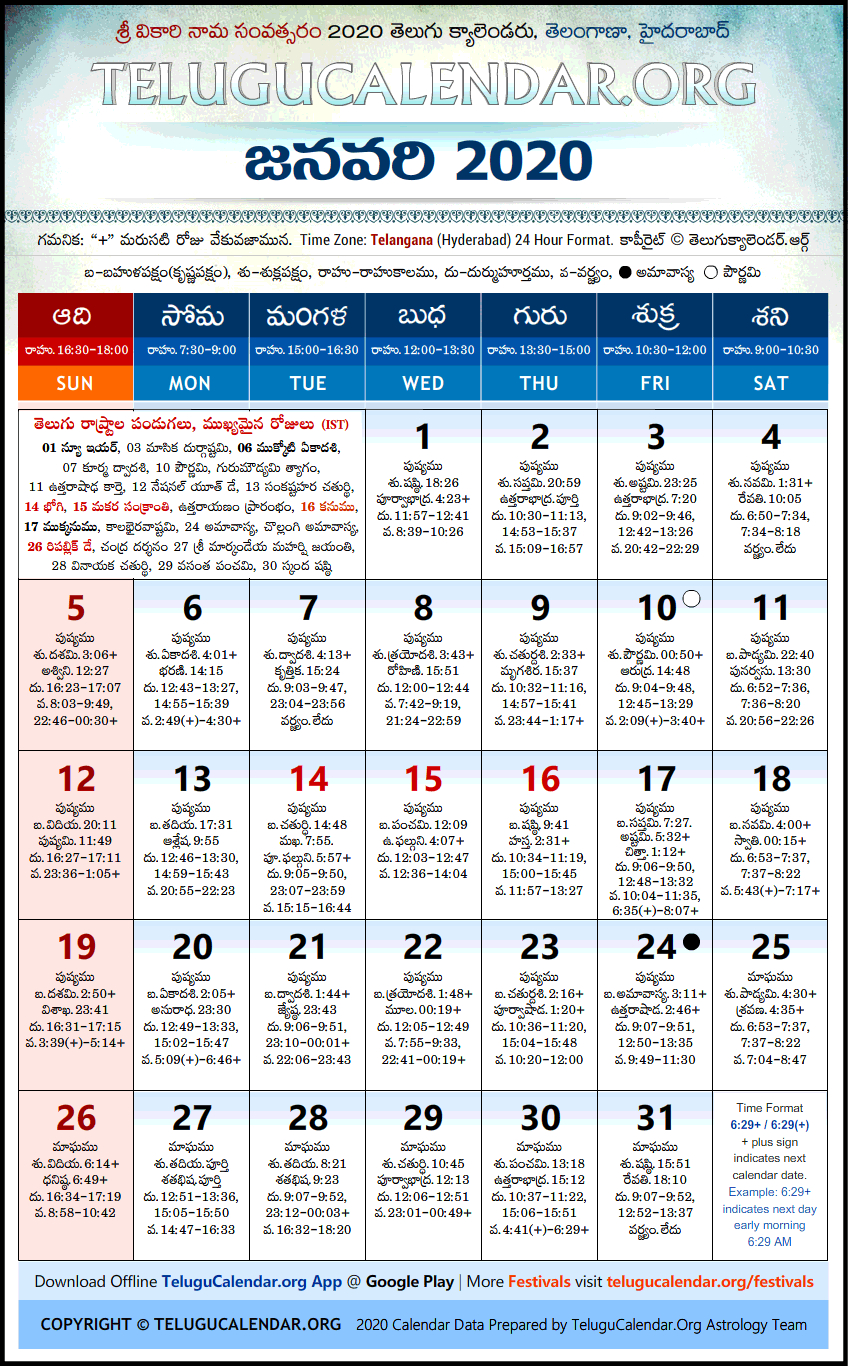 Telangana | Telugu Calendars 2020 January Festivals Pdf