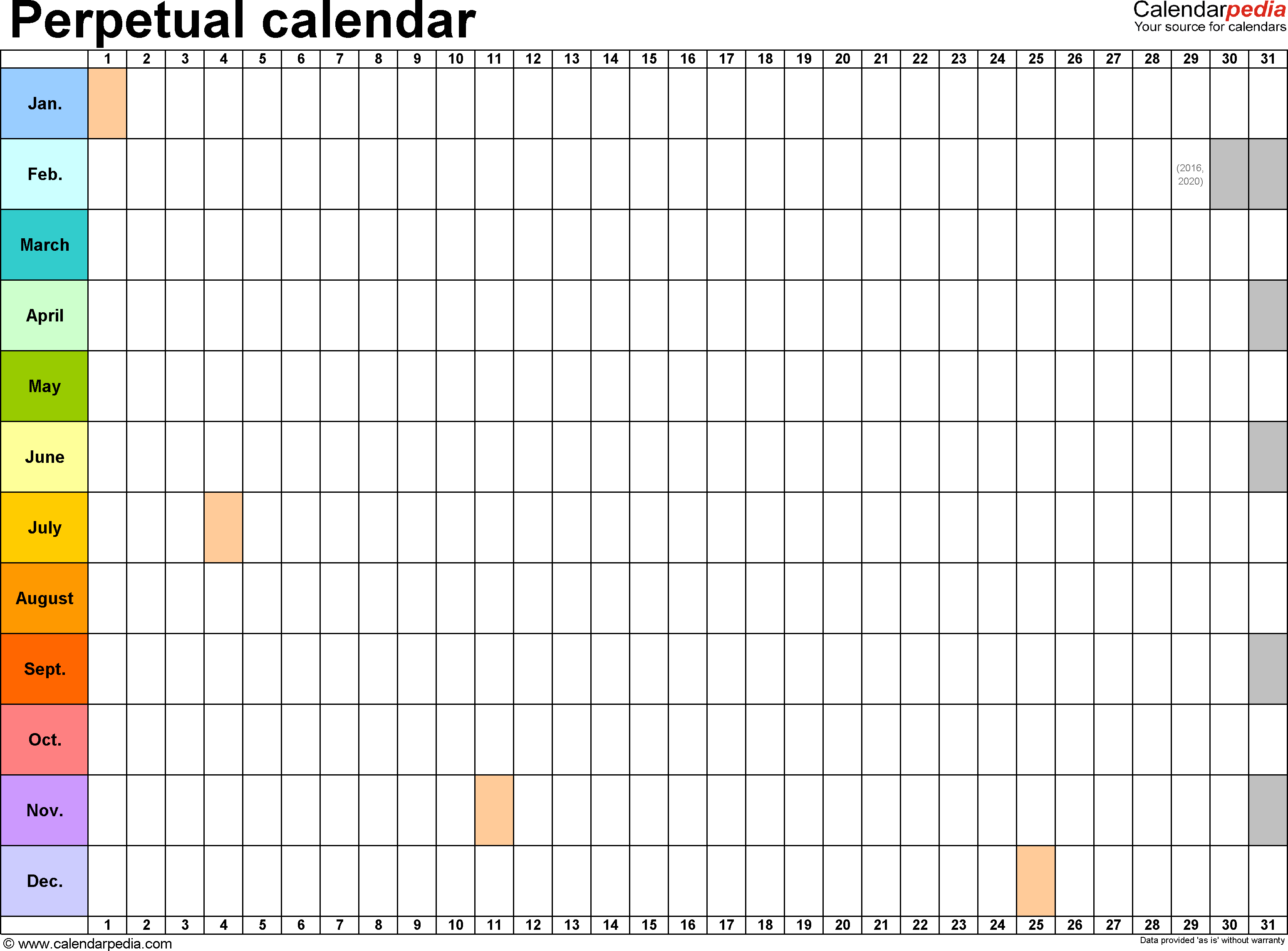 Template 2: Word Template For Perpetual Calendar (Landscape