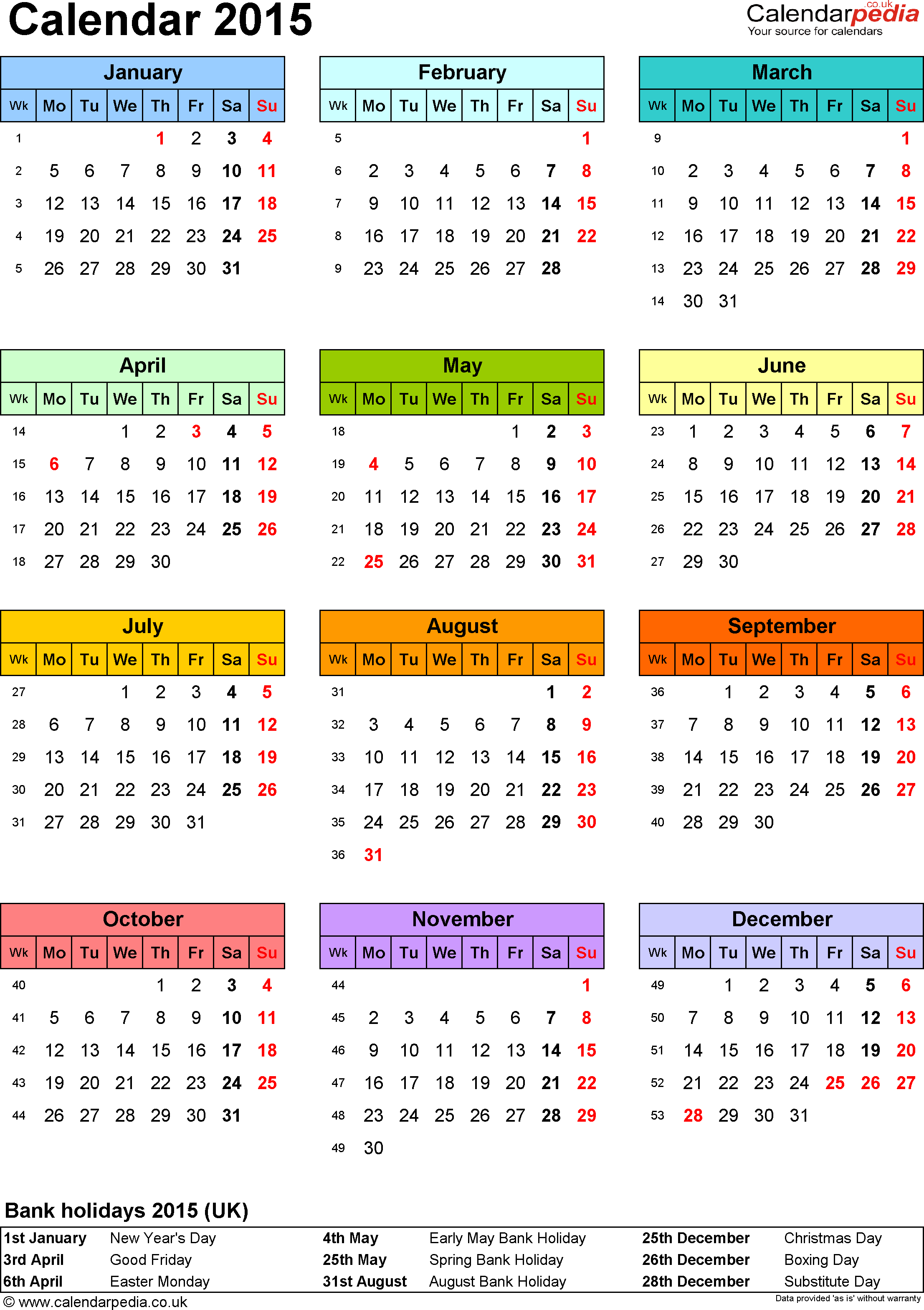 Template 9: Yearly Calendar 2015 As Pdf Template, Portrait