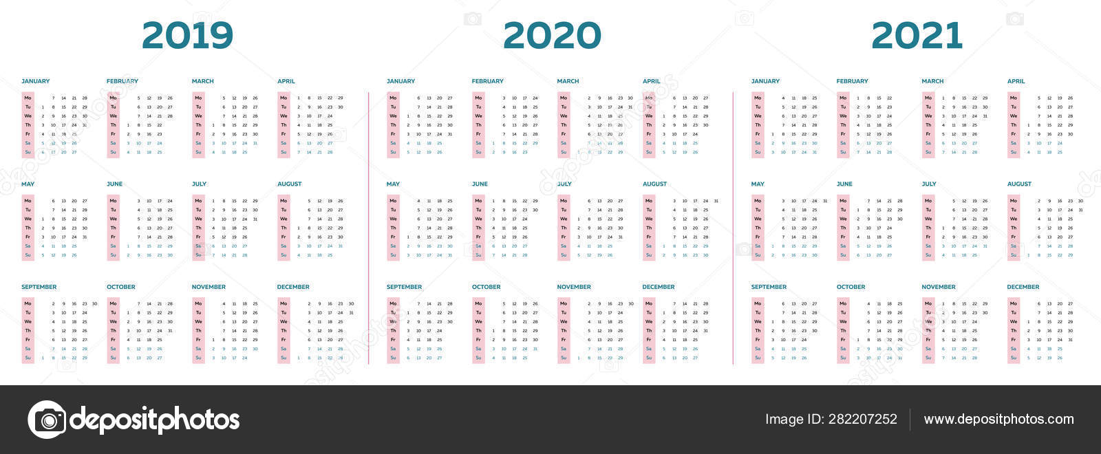 The 2019 2020 2021 Calendar Template With Vertical Monthly