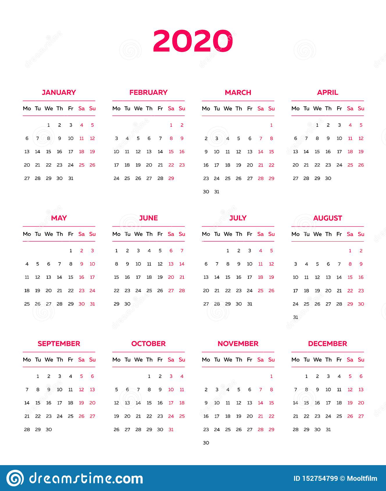 The 2020 Calendar Template With Classical Monthly Columns