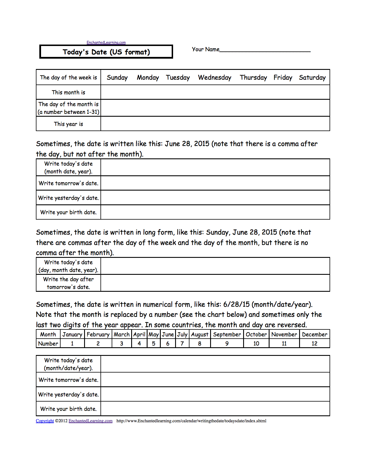 Time And Calendar Activities At Enchantedlearning