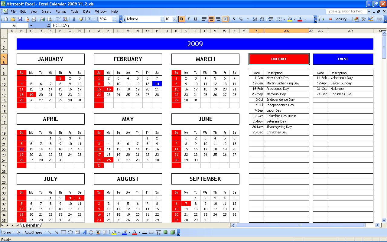 Calendar In Excel Template