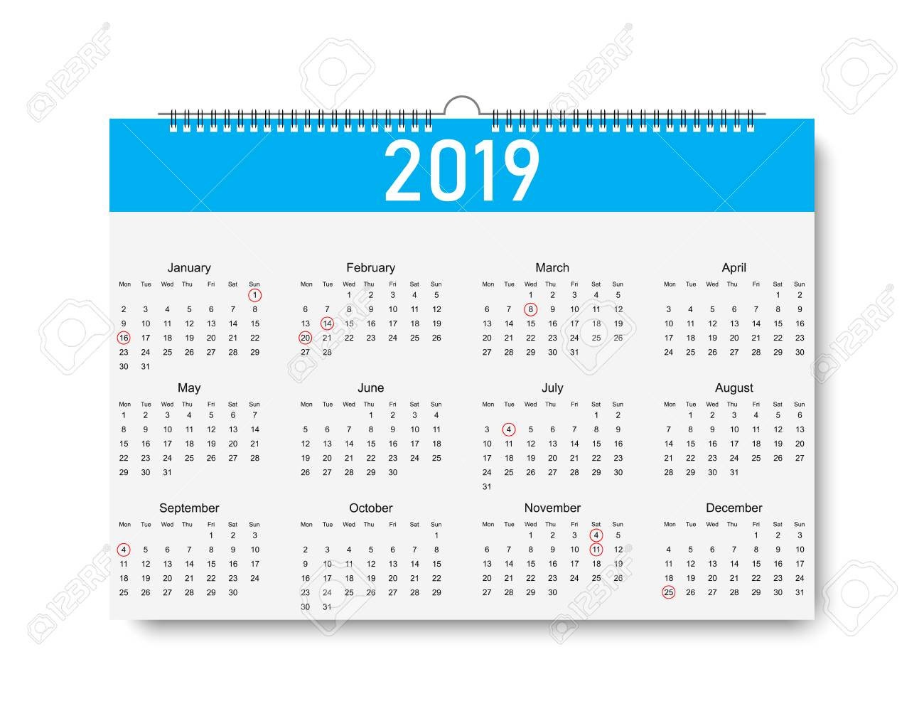 Trendy Calendar On 2019 Year. Days For Holiday. Calendar With..