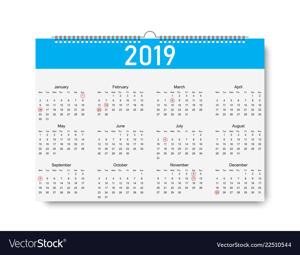 Trendy Calendar On 2019 Year Days For Holiday