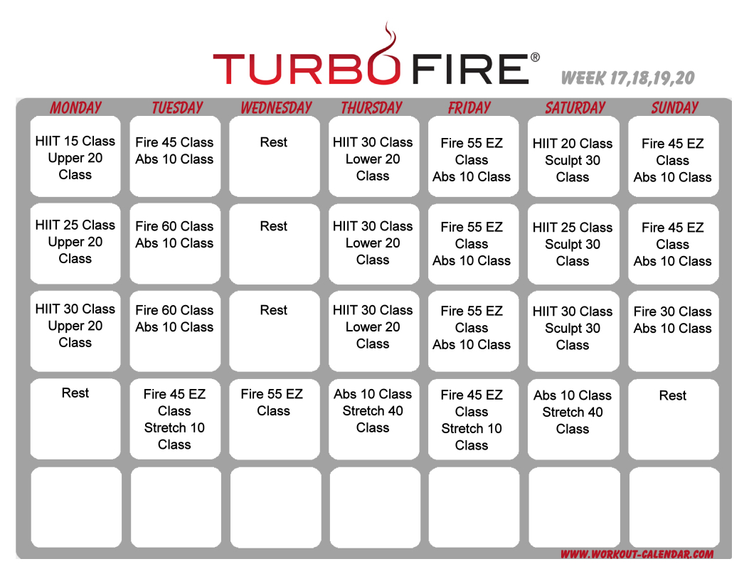 Turbo Fire Schedule Weeks 17-20 | Workout Calendar, Workout