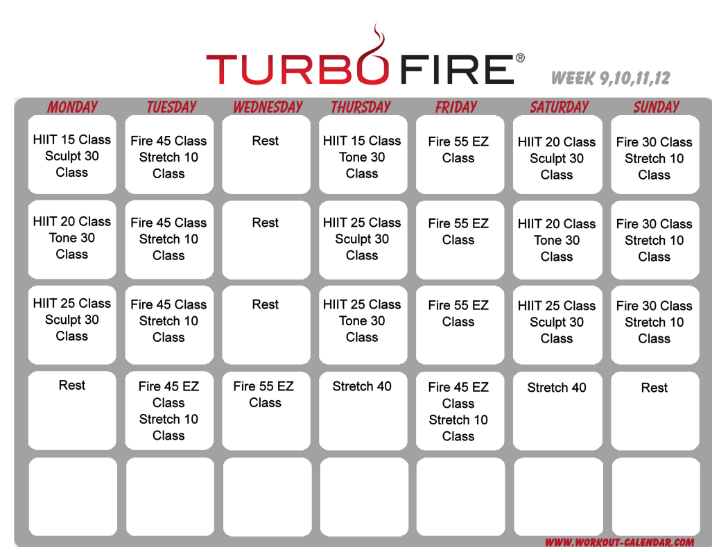 Turbo Fire Schedule Weeks 9-12 | Workout Calendar, Workout