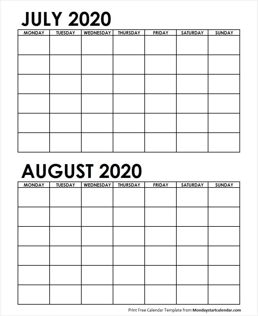 Two Month July August 2020 Calendar Blank | Two Months