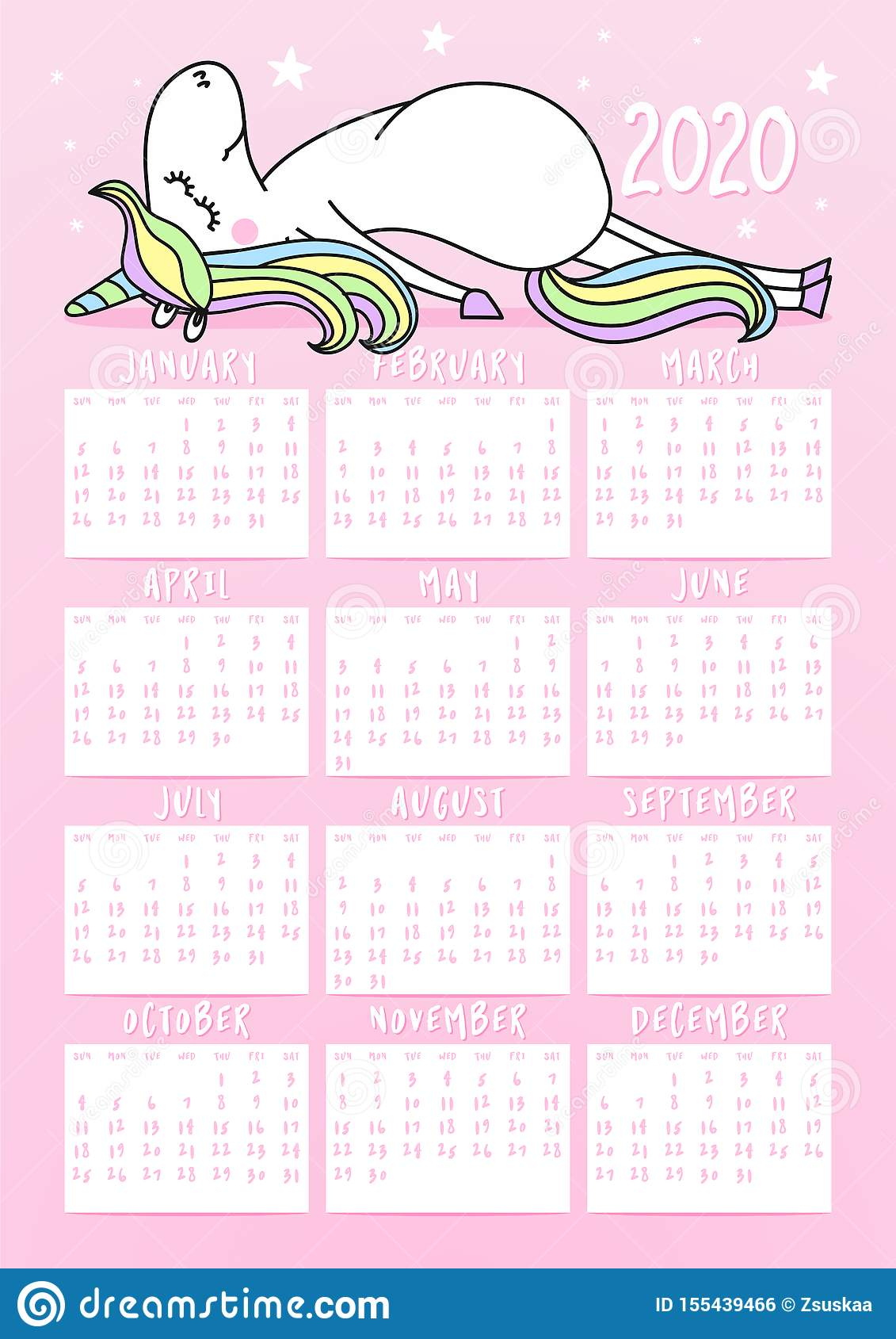 Unicorn Calendar For 2020 Year. Cute Girly Design, Printable