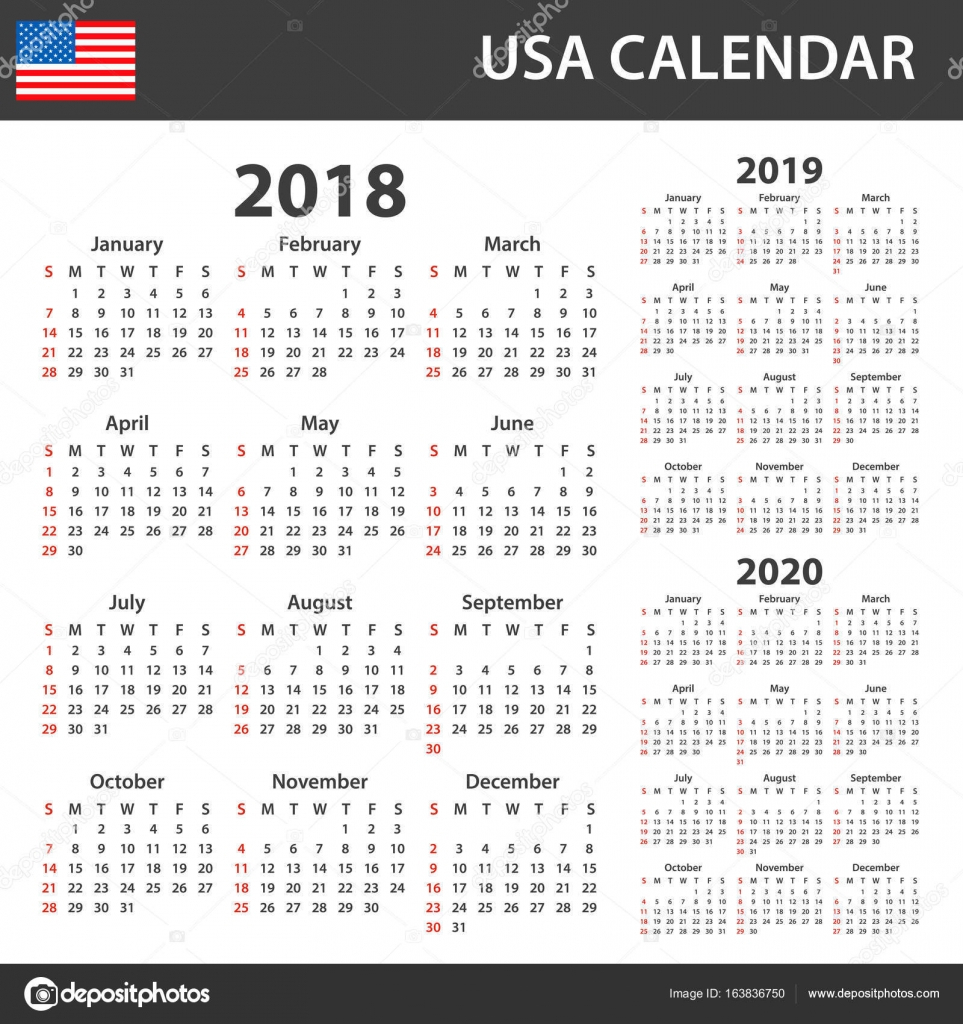 Usa Calendar For 2018, 2019 And 2020. Scheduler, Agenda Or