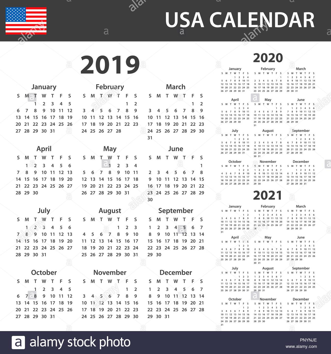 Usa Calendar For 2019, 2020 And 2021. Scheduler, Agenda Or