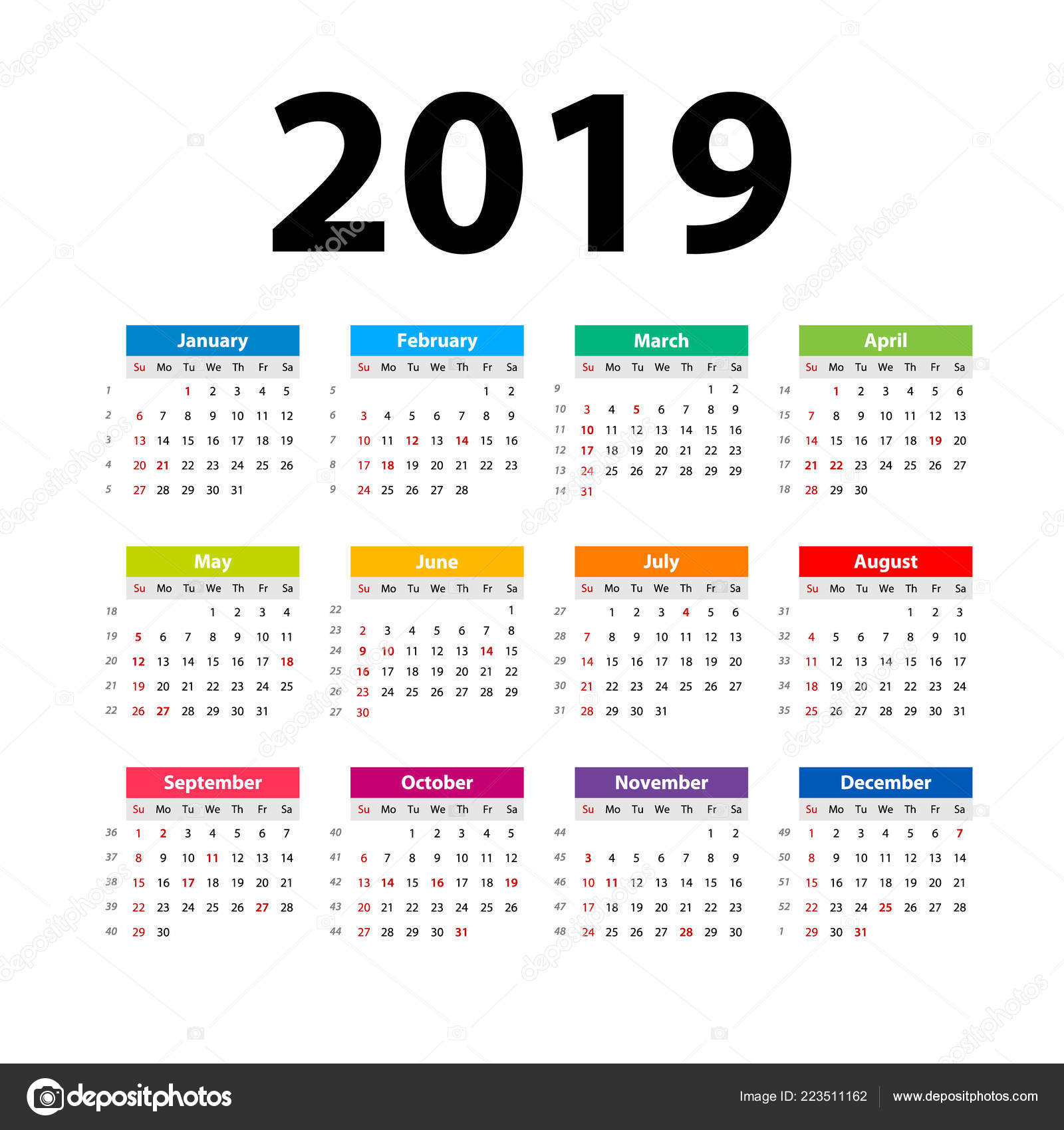 Vector Calendar 2019 Colorful Week Starts Sunday English