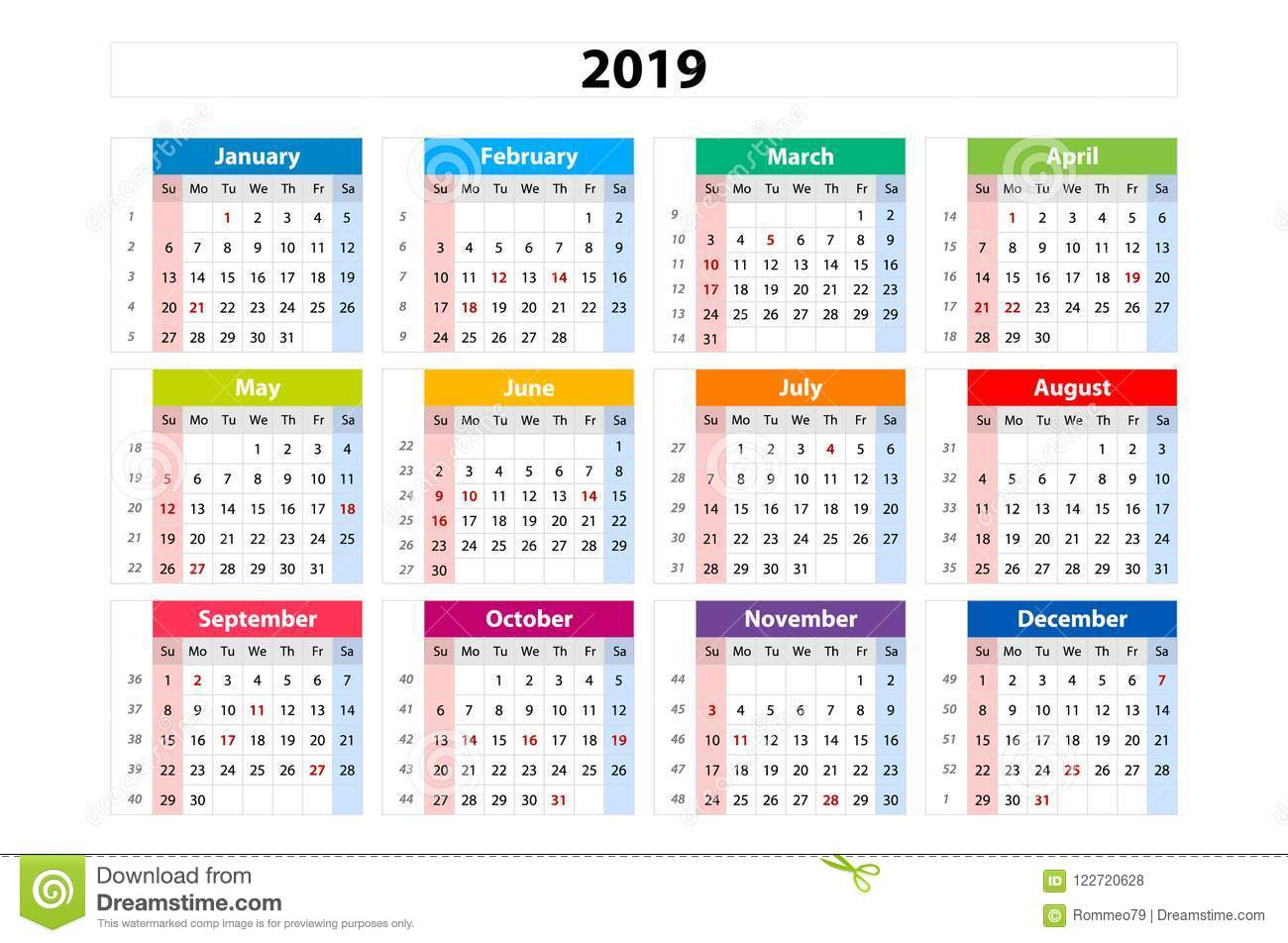 Vector Calendar 2019, Week Starts From Sunday, Business